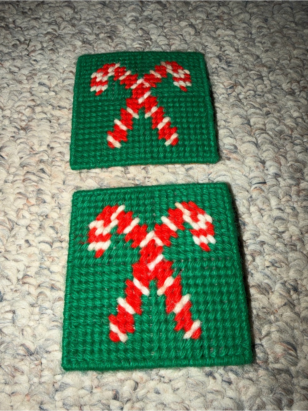 Vintage Handmade Green Holiday Candy Cane Coasters Christmas set of 2